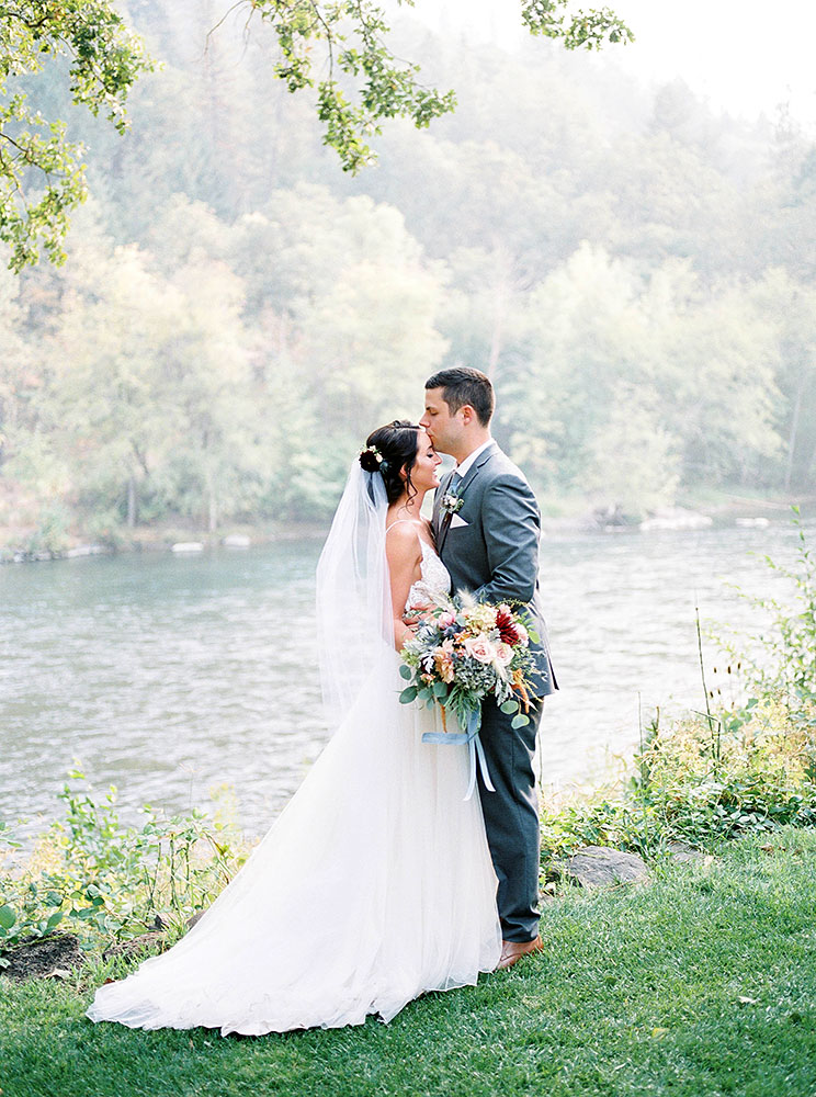 Bride & Groom by the River - Rogue River wedding